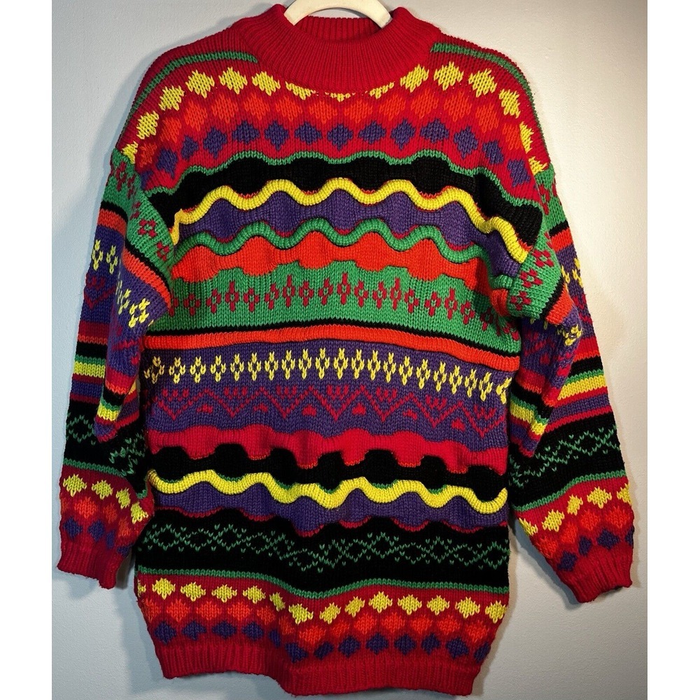 VTG 3D Knit Sweater Colorful Geometric Pattern Jamie Scott Women's Medium‎